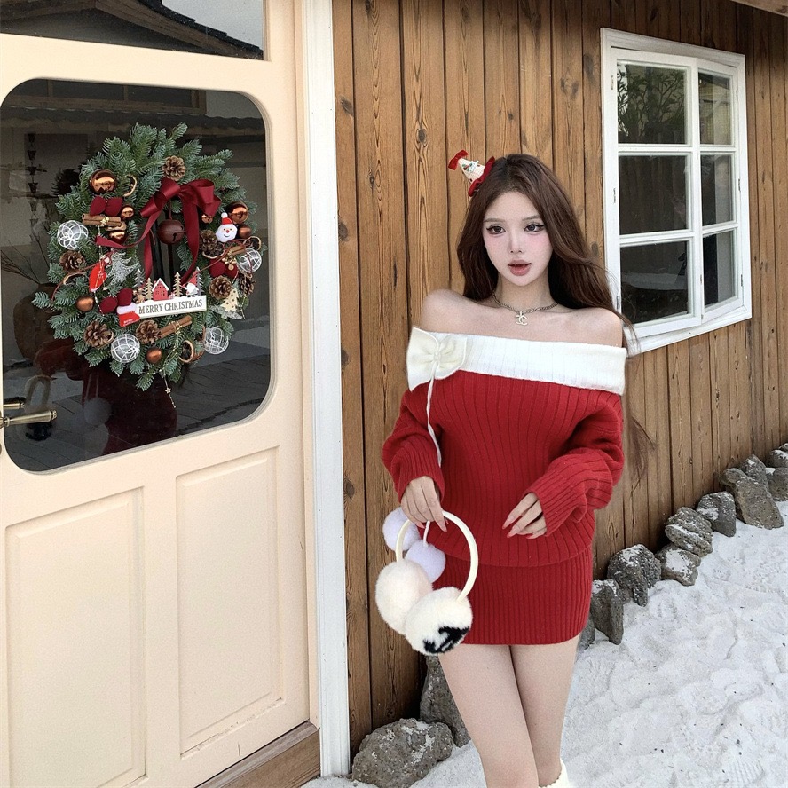 圣诞穿搭一字肩针织连衣裙女秋冬纯欲风辣妹性感露肩包臀短裙子