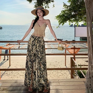 長褲 波西米亞沙灘裙褲 碎花垂感拖地褲 開叉闊腿褲 女夏海邊穿搭薄款