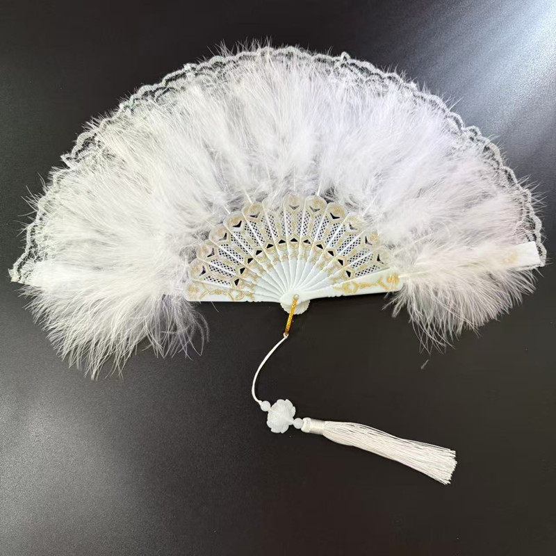 羽毛扇旗袍走秀折扇洛丽塔汉服黑色蕾丝扇舞蹈扇中国风复古中式扇