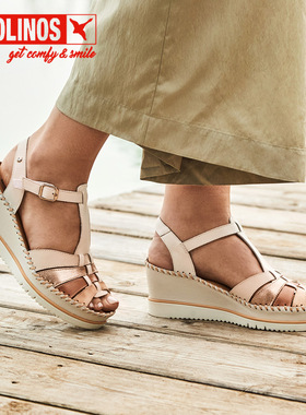 Pikolinos派高雁夏季牛皮/羊皮露趾拼色丁字式扣带凉鞋PM252104