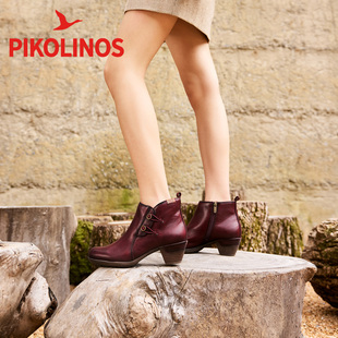 Pikolinos派高雁冬季牛皮锥形跟侧拉链纯色踝靴PA234039