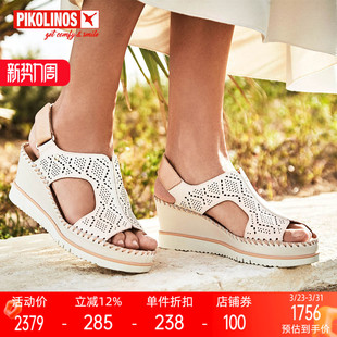 Pikolinos派高雁夏季 PM242101 牛皮露趾坡跟魔术贴拼色休闲凉鞋