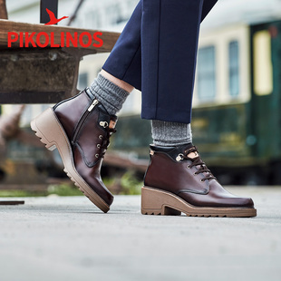 Pikolinos派高雁冬季擦色牛皮高粗跟系带马丁靴PA259003