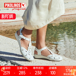 Pikolinos派高雁夏季 PM241142 擦色牛皮包头平底魔术贴舒适凉鞋