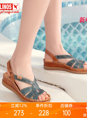 Pikolinos派高雁夏季牛皮露趾坡跟魔术贴拼色舒适凉鞋PM231007