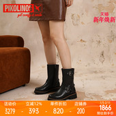 Pikolinos派高雁冬季 牛皮圆头平跟休闲侧拉链中筒靴PA242501