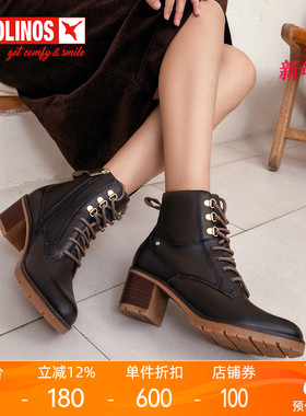 Pikolinos派高雁冬季擦色牛皮粗跟高跟圆头加绒马丁靴PA17006