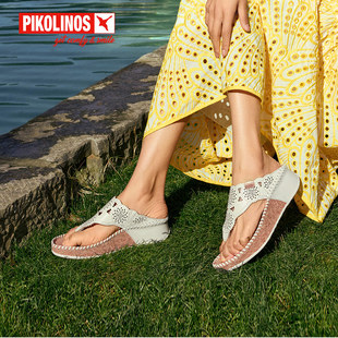 PM242402 Pikolinos派高雁夏季 擦色牛皮露趾坡跟镂空套脚纯色拖鞋