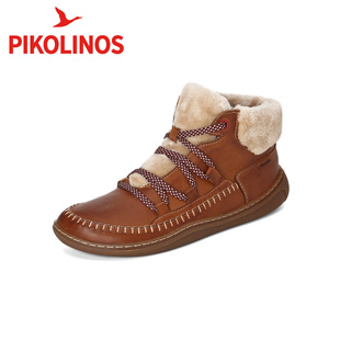 Pikolinos派高雁秋冬牛皮/绒毛平跟纯色深口系带短靴PA252805