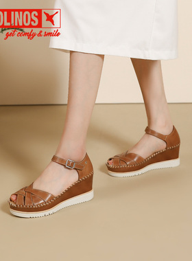 Pikolinos派高雁夏季擦色牛皮鱼嘴镂空一字式扣带凉鞋PM252105
