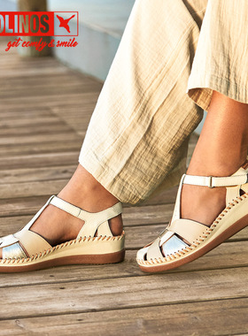 Pikolinos派高雁夏季擦色牛皮露趾坡跟魔术贴拼色凉鞋PM251014