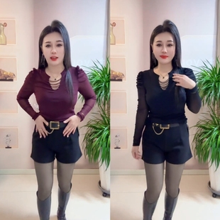 新款重工串珠纱网长袖打底T恤女春秋百搭显瘦上衣修身显瘦打底衫