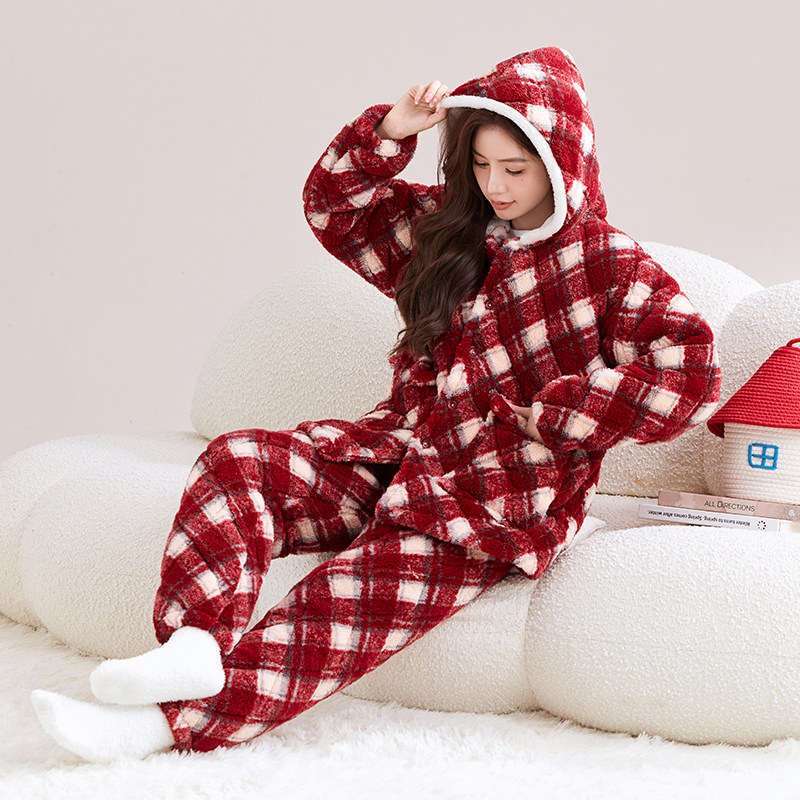 睡衣女冬加厚加绒三层夹棉法兰绒