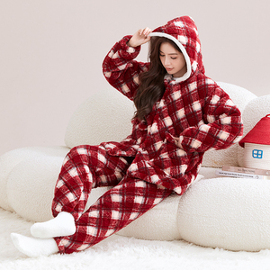 睡衣女冬加厚加绒三层夹棉法兰绒