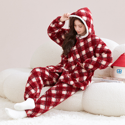 睡衣女冬加厚加绒三层夹棉法兰绒