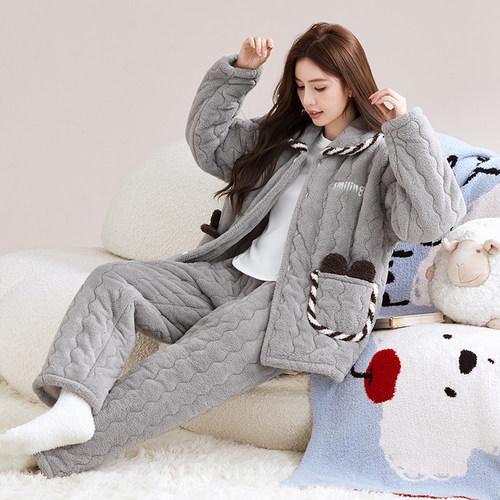 睡衣女冬季加绒加厚法兰绒家居服
