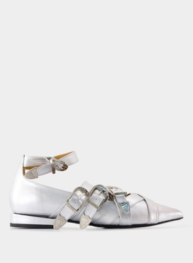 Toga Pulla Aj926 银色皮制芭蕾舞鞋尖头交叉绑带时尚单鞋