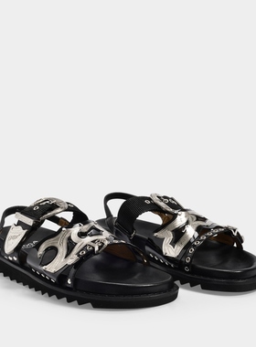 Toga Pulla 女款饰金属系带黑色平底皮革一字带凉拖鞋魔术贴正品