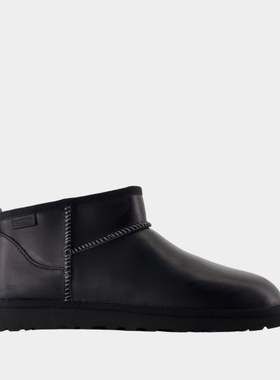 UGG;Classic Ultra Mini Lthr Regen 男款皮质裸靴黑色保暖雪地靴
