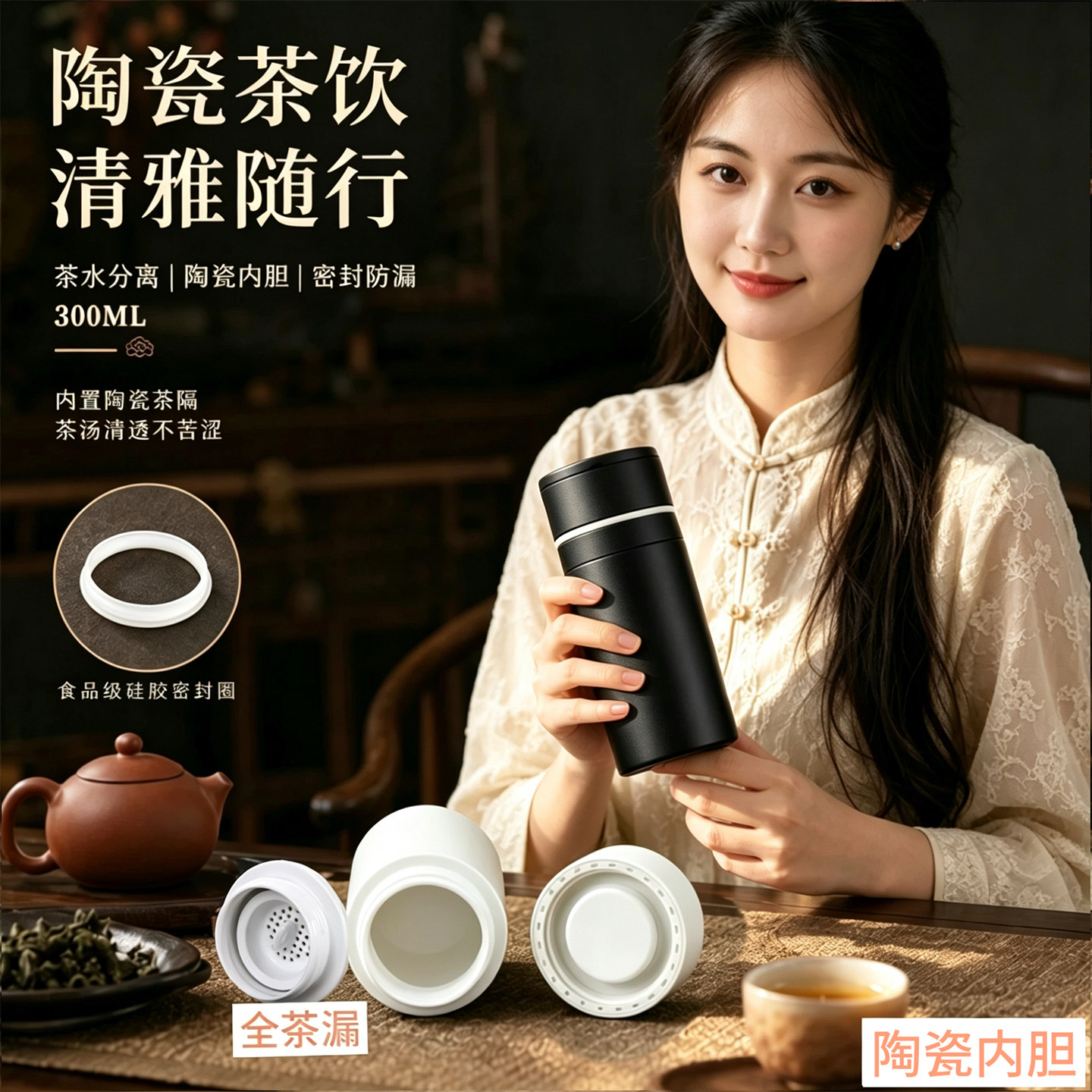 景德镇陶瓷内胆保温杯保冷杯泡茶装中药养生保温杯带茶漏月牙水杯