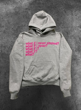 欧美风街头嘻哈what if字母印花卫衣潮牌连帽衫宽松休闲灰色上衣