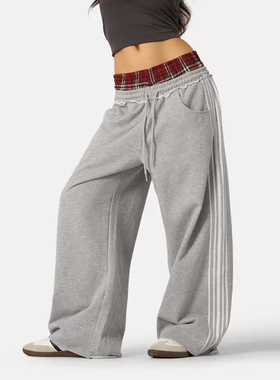 美式休闲运动裤侧边三条杆拼接格子舒适直筒卫裤街潮Three poles