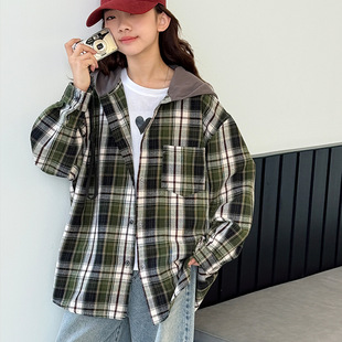 2025女童格子长袖衬衫秋装新款儿童韩系宽松连帽上衣大童帽衫外套