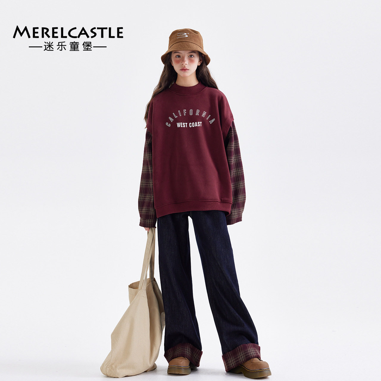 秋冬女童格子拼接休闲卫衣冬季新款中大童女孩加绒上衣洋气假两件