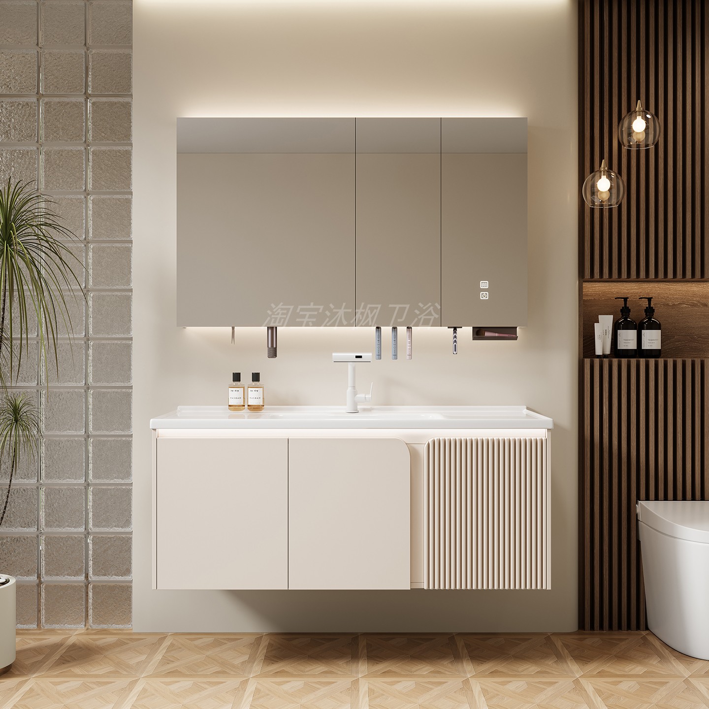 多功能置物架奶油风实木浴室柜组合陶瓷一体盆卫生间洗手盆洗脸盆