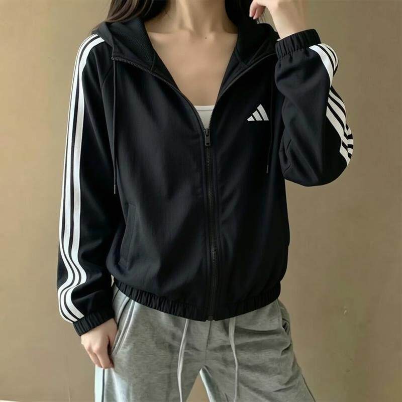 阿迪达斯棒球服女外套秋季新款防风美式复古三条纹宽松连帽夹克女