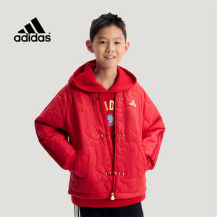 阿迪达斯男女大童棉服2026新年款红色夹棉中国风拜年服唐装外套