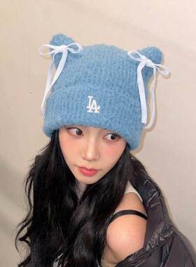 MLB猫耳毛线帽女款冬季保暖