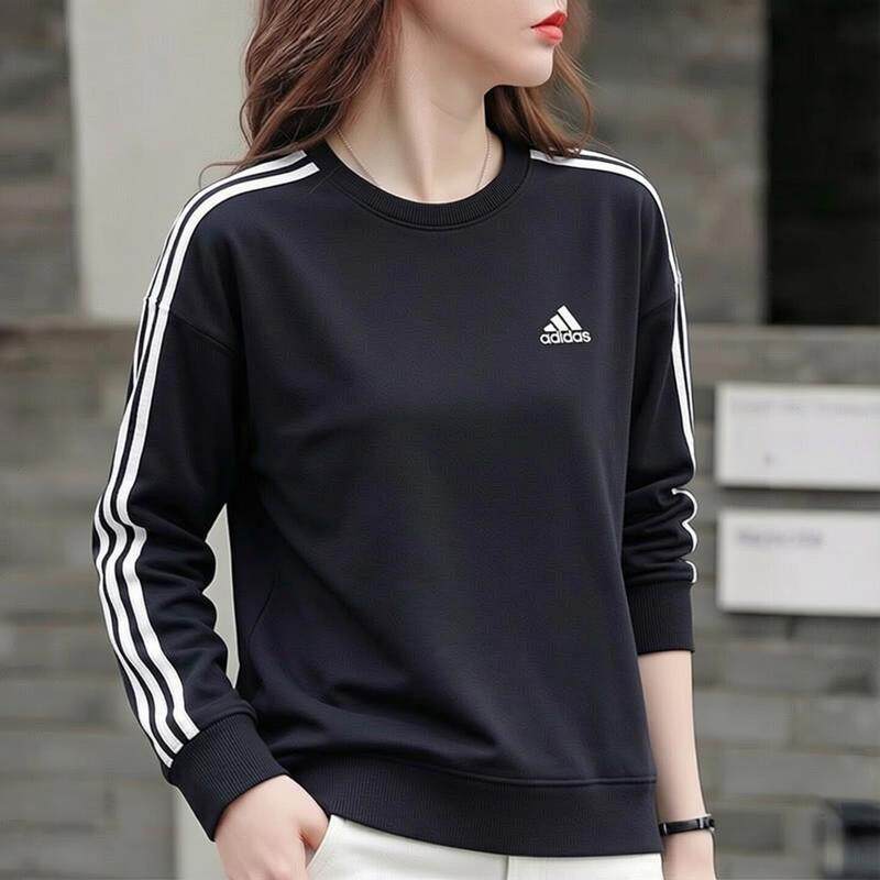 阿迪达斯纯棉卫衣女款春秋季新款圆领百搭上衣长袖三条纹套头衫女
