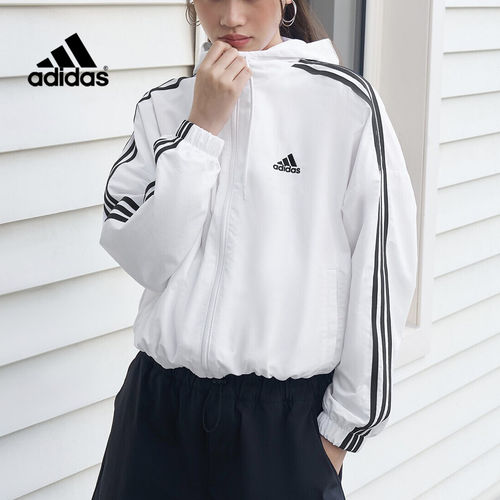 阿迪达斯女薄款连帽条纹运动夹克