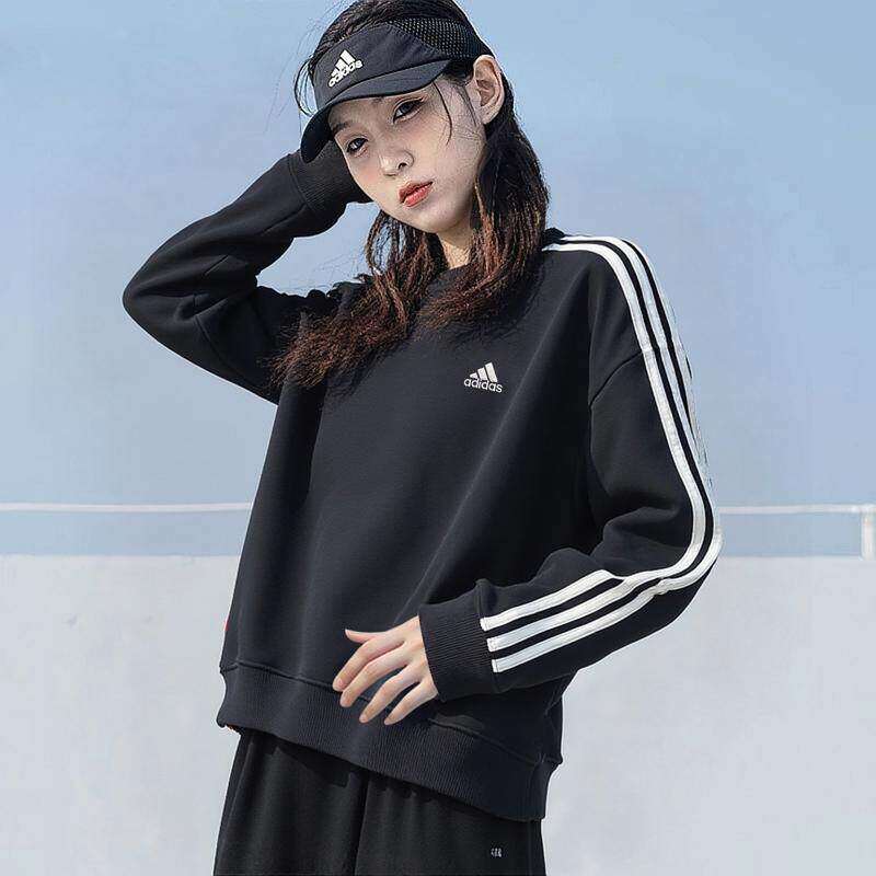 正品Adidas阿迪达斯卫衣女新款三条杠运动服纯棉打底显瘦上衣外套