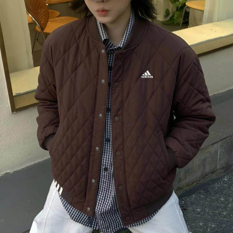 阿迪达斯棕色棉服女秋季新款轻薄棉服夹棉加厚美式复古宽松棒球服