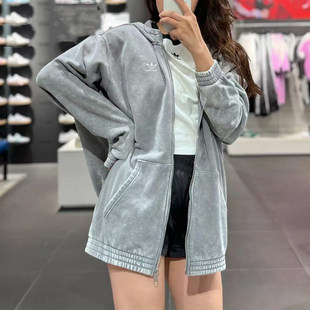 adidas阿迪达斯三叶草女子复古水洗做旧连帽宽松卫衣外套IY8039