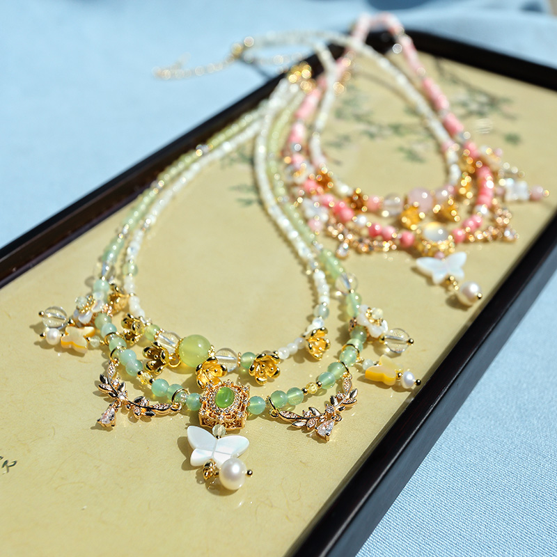 墨涧花绿玛瑙红花玉项链