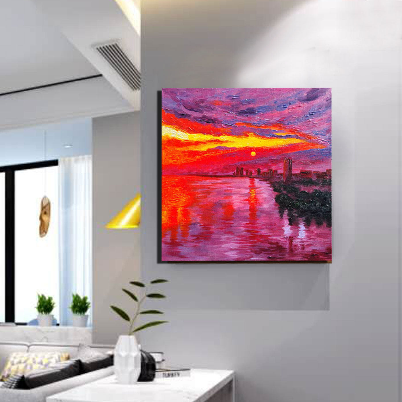 夕阳西下丙烯油画纯手绘无框装饰画海边日出丙烯手工成品油画摆件