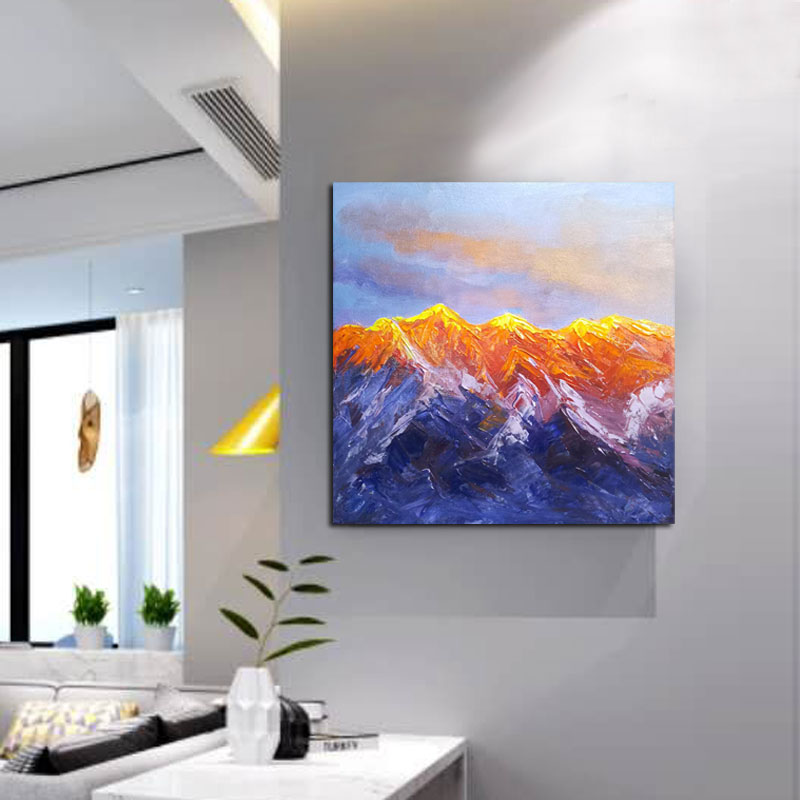 日照金山丙烯油画纯手绘刮刀无框装饰画丙烯手工成品油画摆件挂画图片