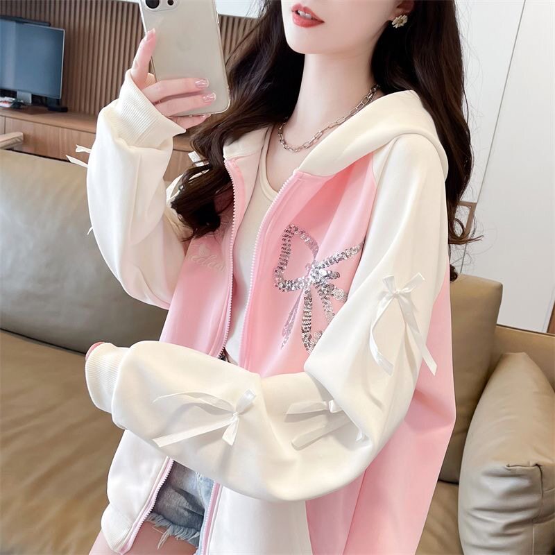 棒球连帽开衫卫衣女撞色春秋2025新款宽松中长款韩版百搭外套上衣