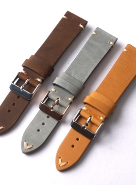 手工棕色灰色真皮表带18 19 20 21 22MM适配精工罐头头层牛皮男款