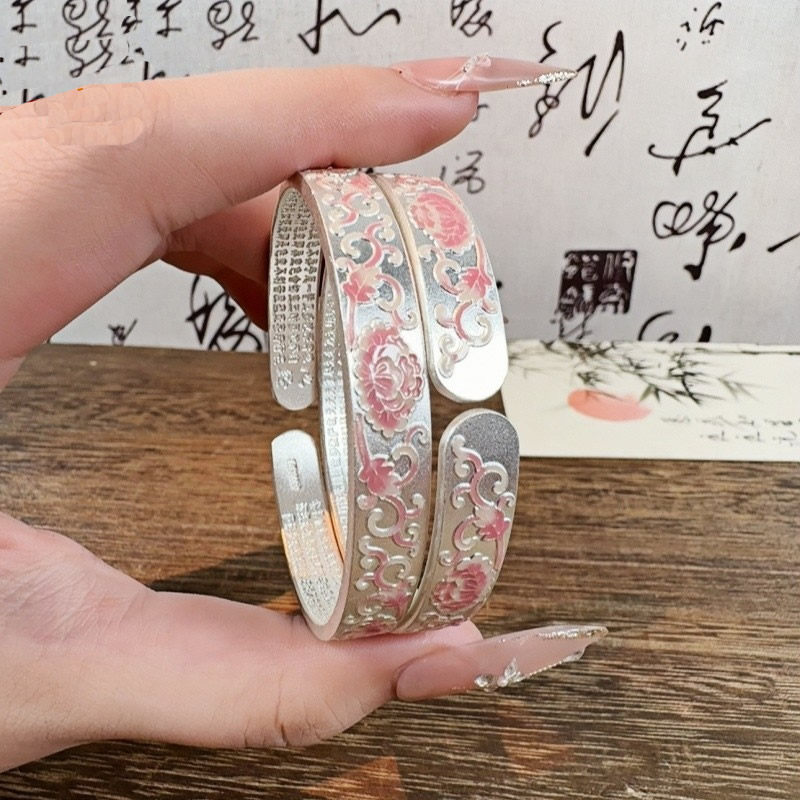 新中式珐琅彩粉牡丹纯银手镯