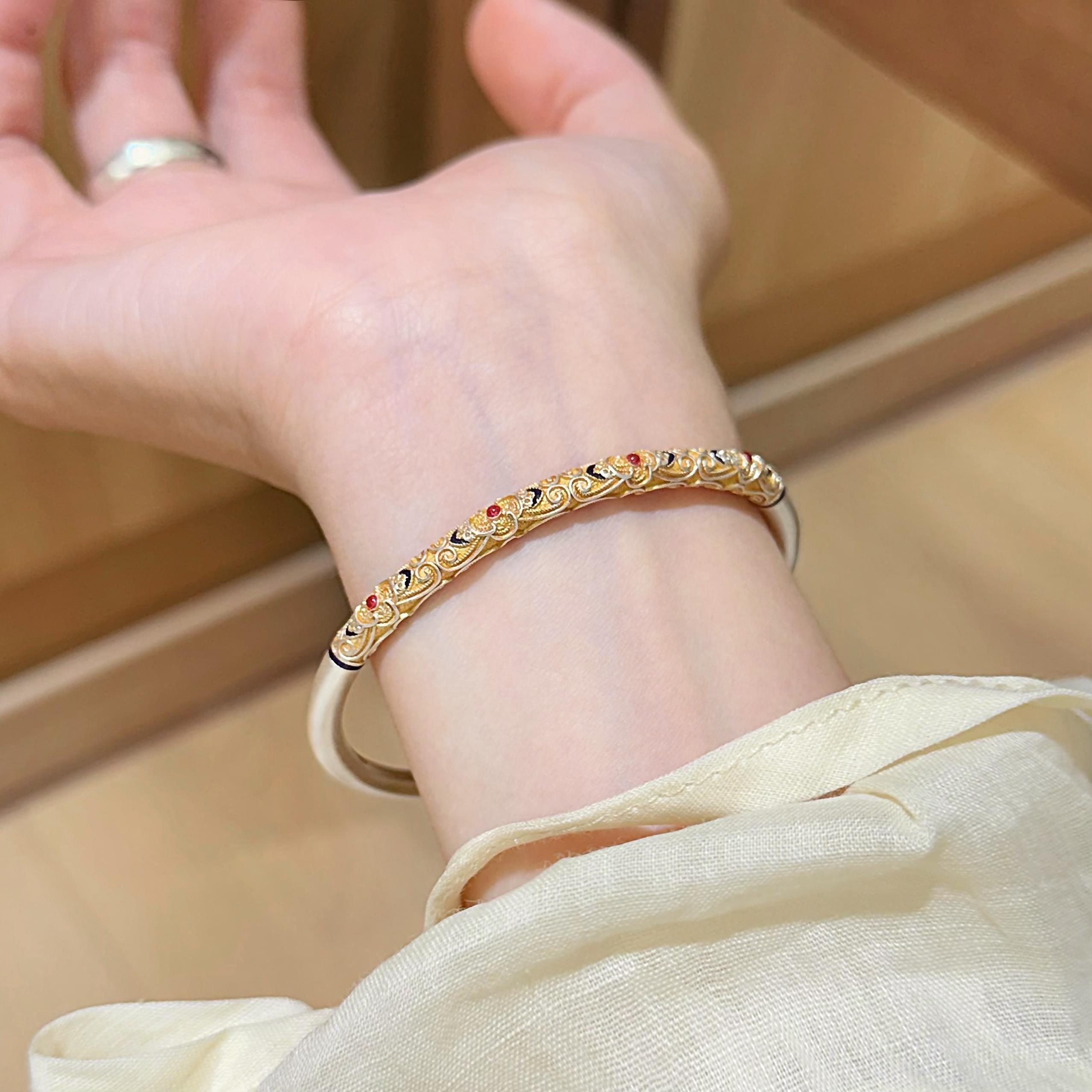 足银9999新中式复古珐琅彩手镯