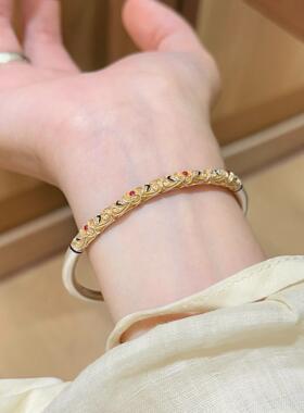 足银9999新中式复古精致珐琅彩手镯纯银描金如意花镯子情人节礼物