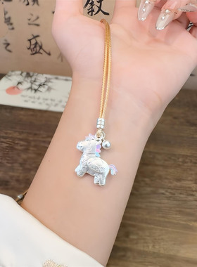 国潮马上有钱足银999珐琅彩小马吊坠新中式可爱卡通纯银项链礼物