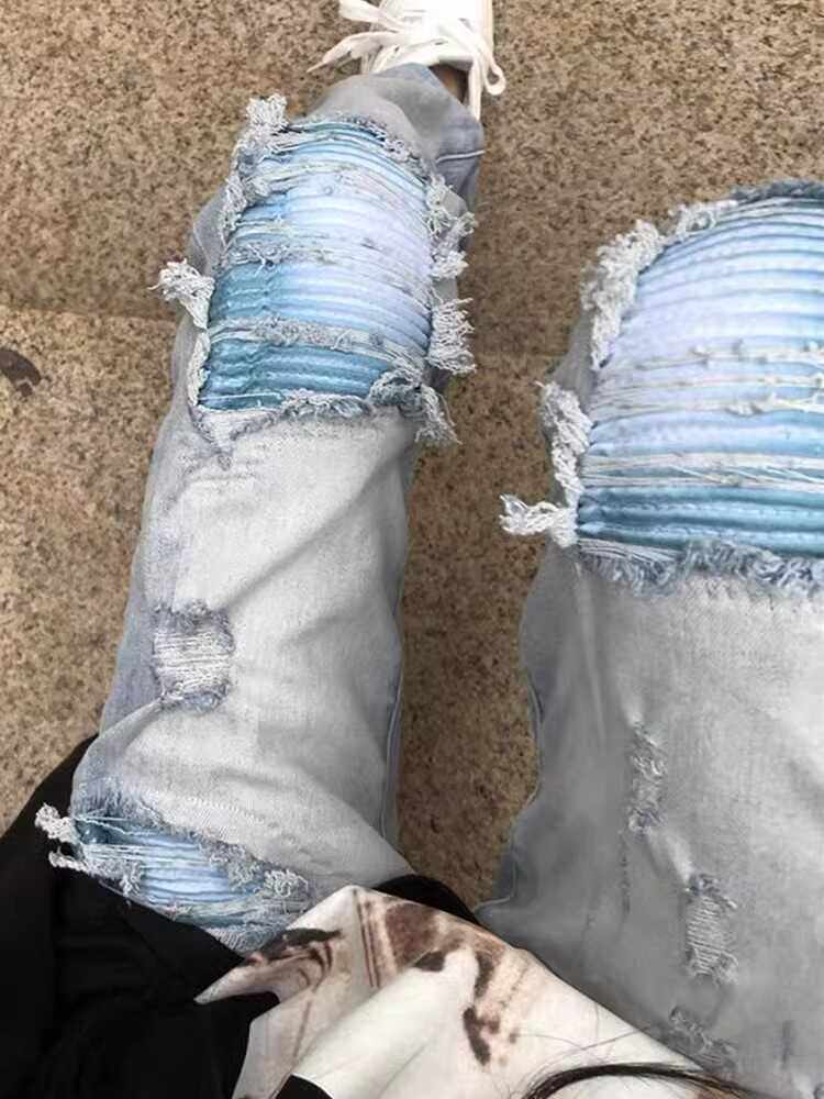 做旧修身水洗小脚高街长裤乞丐裤