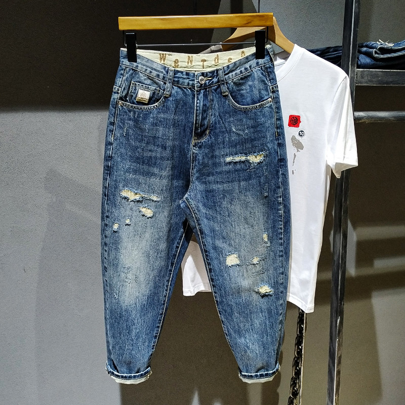 高街破洞牛仔裤男2021老爹裤阔腿