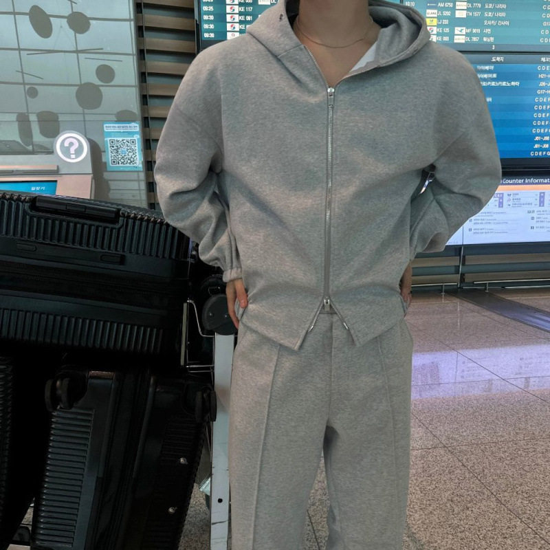 MYQ短款灰色连帽卫衣男春季新款开衫外套韩版潮流休闲运动套装