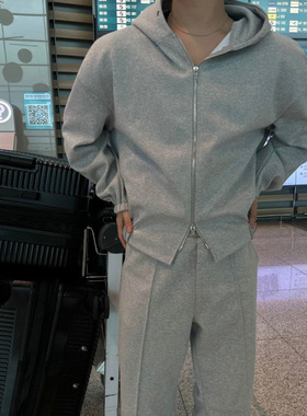 MYQ短款灰色连帽卫衣男春季新款开衫外套韩版潮流休闲运动套装